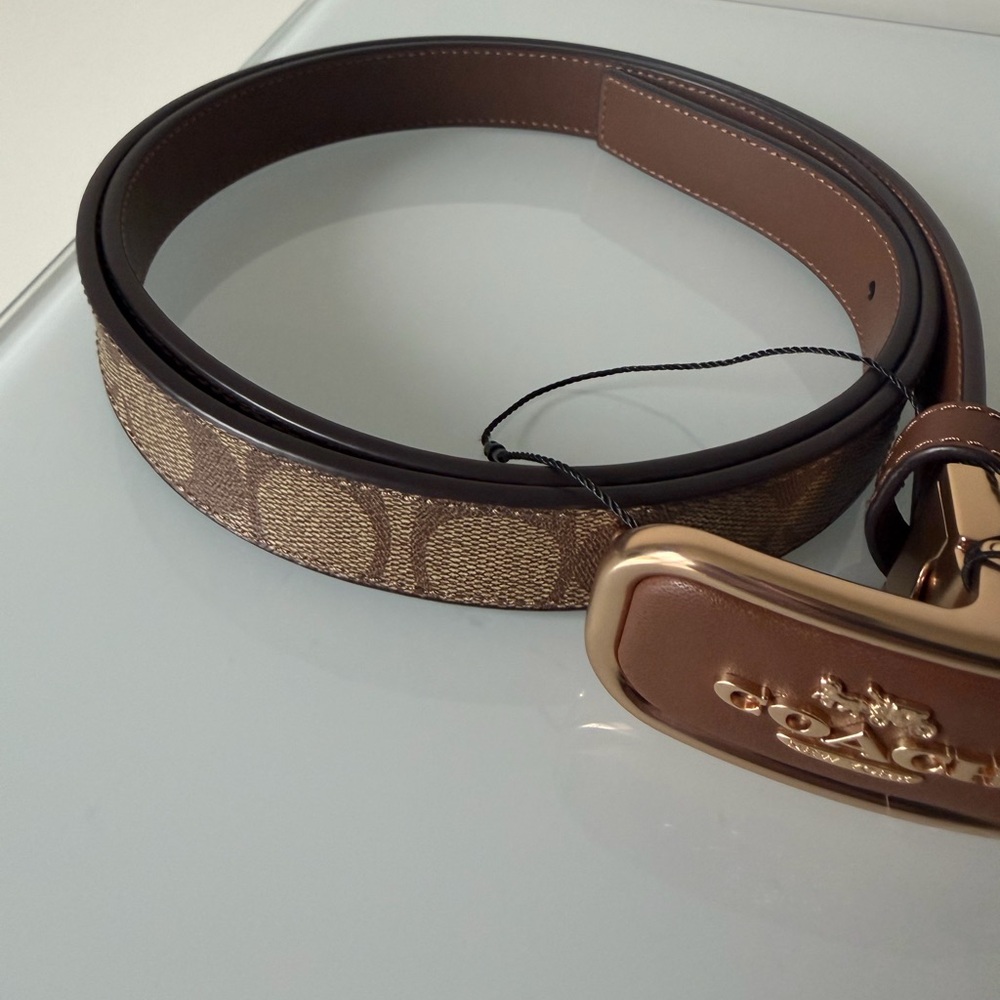 Coach Brown Monogram Buckle Leather Belt - Picture 2 of 5